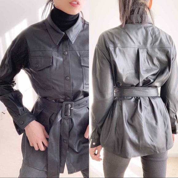 FAUX LEATHER BELTED SHACKET - BLACK - Picture 3 of 9